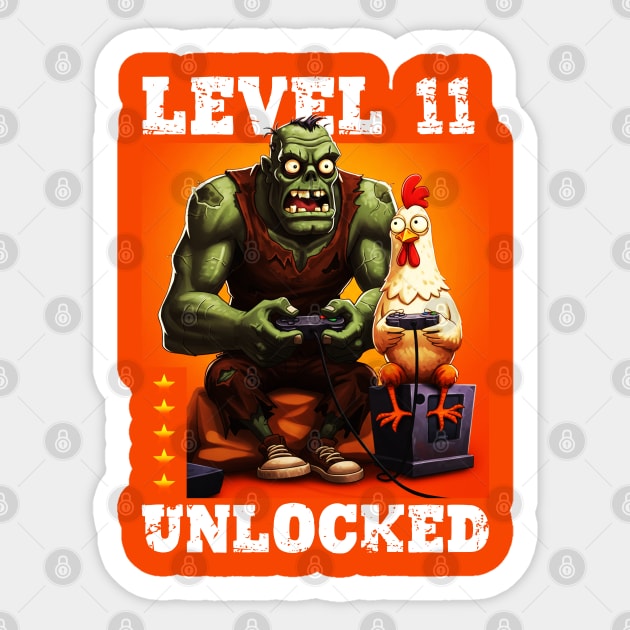 Level 11 Unlocked, Birthday - Zombie And Chicken #2 Sticker by Megadorim